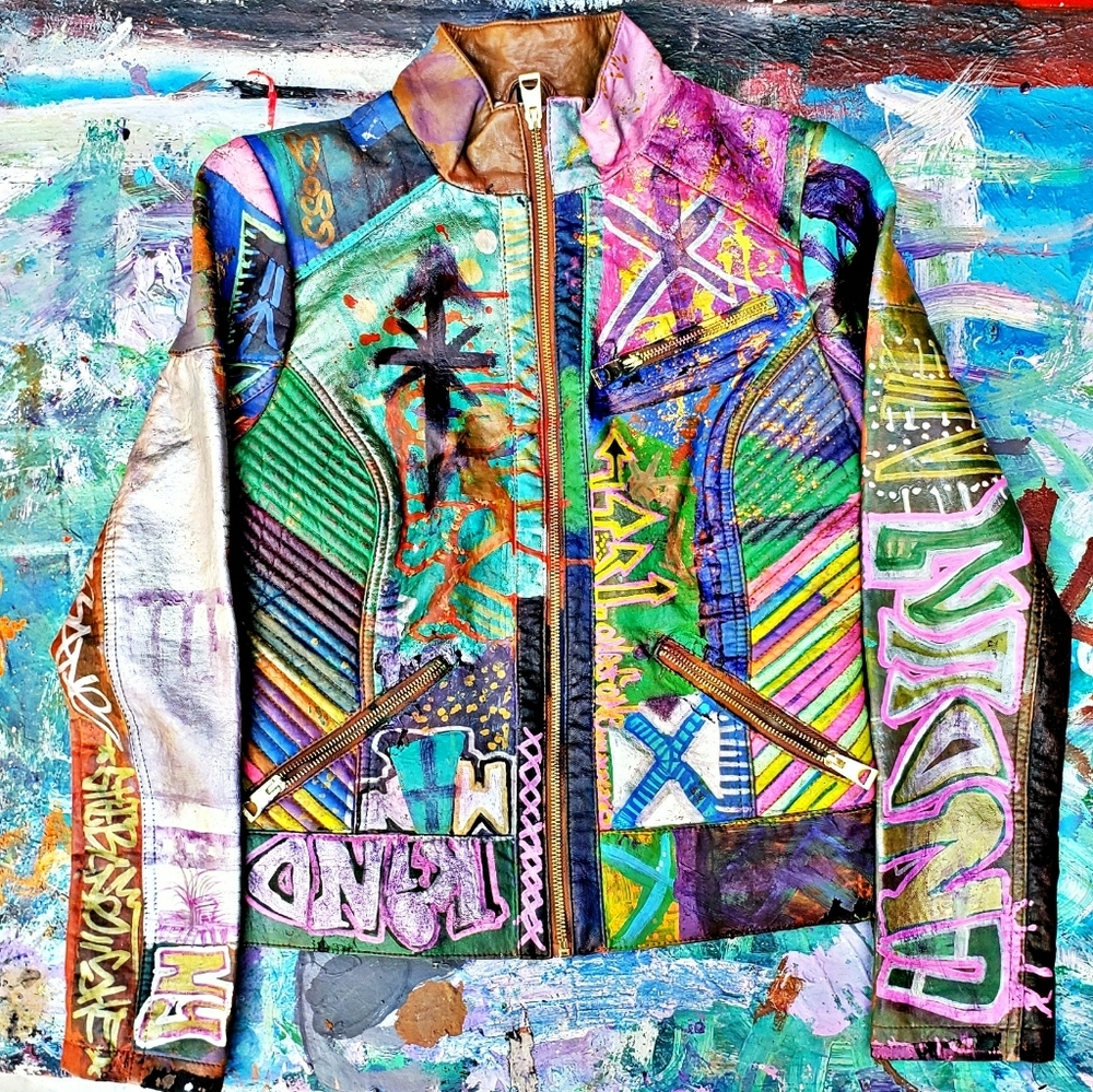 Hand Painted Upcycled Vintage Leather Moto Jacket